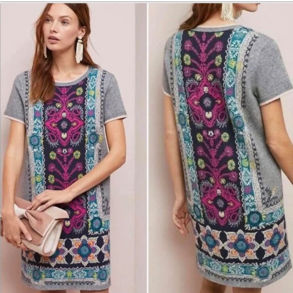 Anthropologie Floral Patterned Gray Dress